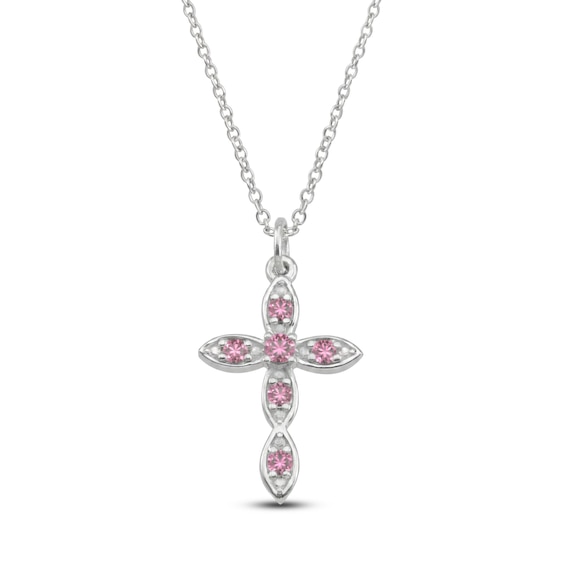 Pink Lab-Created Spinel Birthstone Cross Necklace Sterling Silver 18"