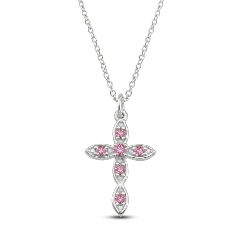 Main Image 1 of Pink Lab-Created Spinel Birthstone Cross Necklace Sterling Silver 18"