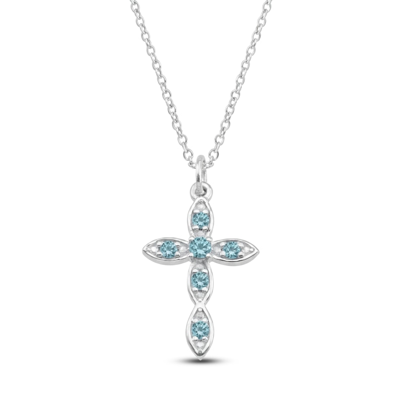Main Image 1 of Natural Blue Zircon Birthstone Cross Necklace Sterling Silver 18"