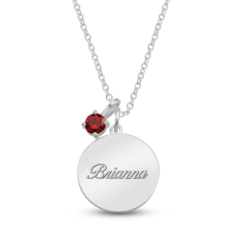 Main Image 1 of Name Disc & Natural Garnet Solitaire Charm Necklace Sterling Silver 18" (1 Line)
