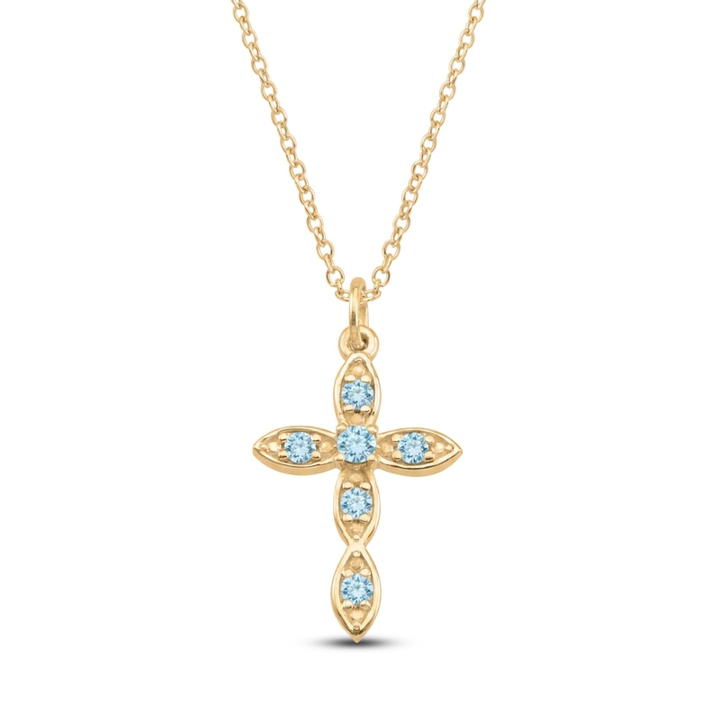 Main Image 1 of Natural Aquamarine Birthstone Cross Necklace 10K Yellow Gold 18"