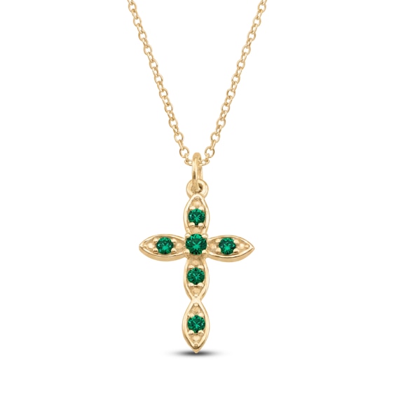 Lab-Created Emerald Birthstone Cross Necklace 10K Yellow Gold 18"
