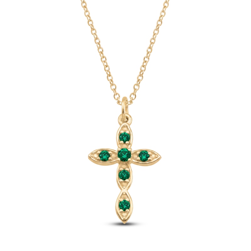 Main Image 1 of Lab-Created Emerald Birthstone Cross Necklace 10K Yellow Gold 18"