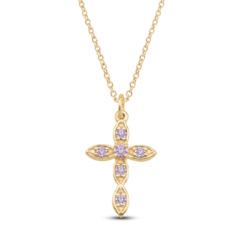 Main Image 1 of Lab-Created Alexandrite Birthstone Cross Necklace 10K Yellow Gold 18"