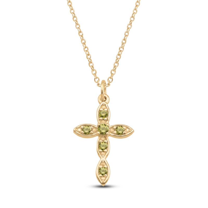 Main Image 1 of Natural Peridot Birthstone Cross Necklace 10K Yellow Gold 18"