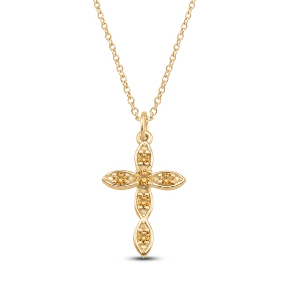 Natural Citrine Birthstone Cross Necklace 10K Yellow Gold 18"