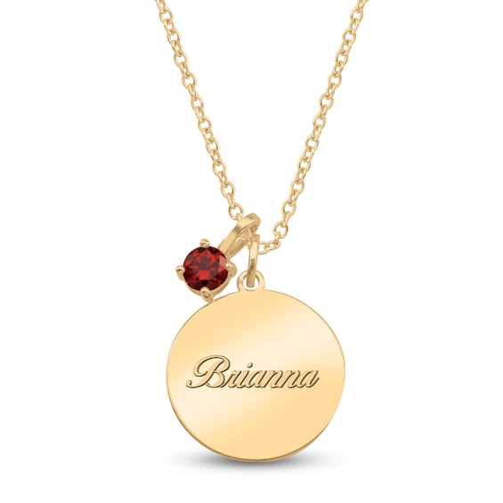 Name Disc & Natural Garnet Solitaire Charm Necklace 10K Yellow Gold 18" (1 Line)