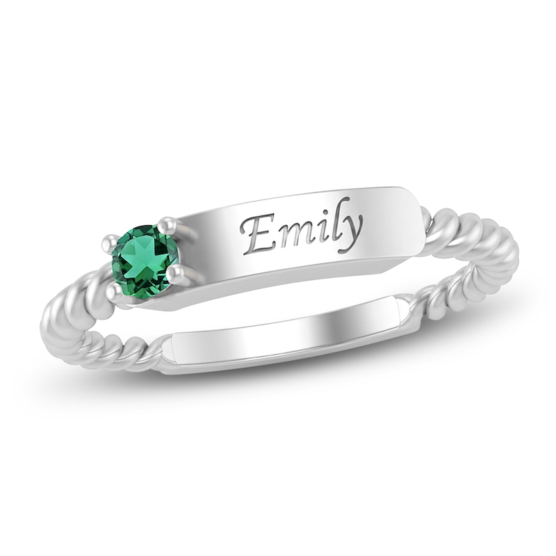 Main Image 1 of Lab-Created Emerald Engravable ID Ring Sterling Silver