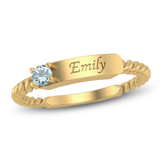 Natural Aquamarine Engravable ID Ring 10K Yellow Gold