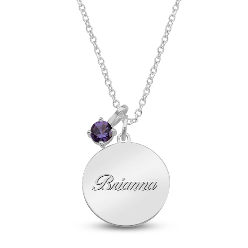 Main Image 1 of Name Disc & Natural Amethyst Solitaire Charm Necklace Sterling Silver 18" (1 Line)