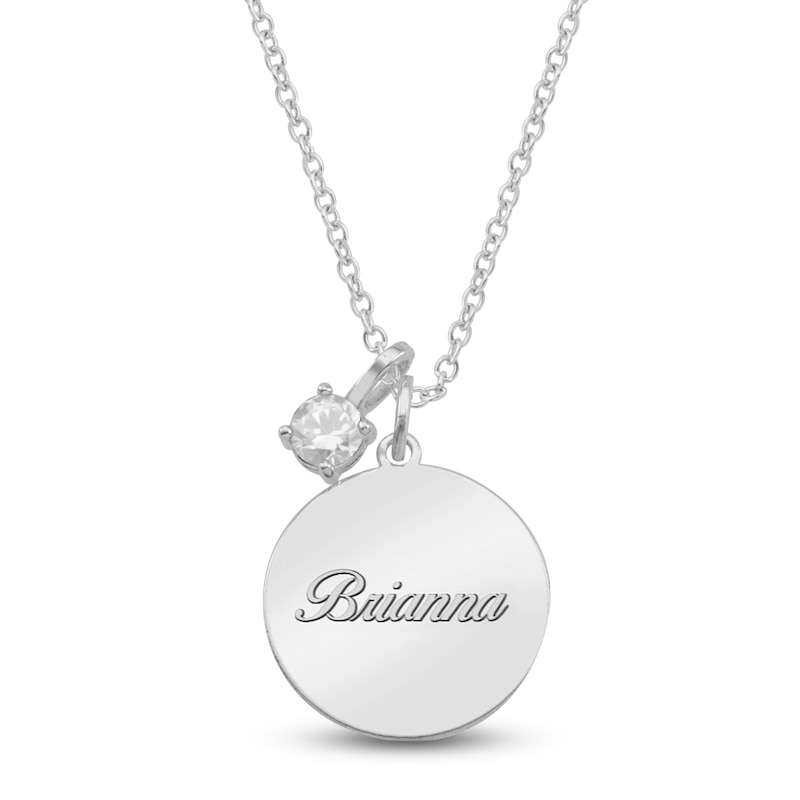 Main Image 1 of Name Disc & Natural White Topaz Solitaire Charm Necklace Sterling Silver 18" (1 Line)