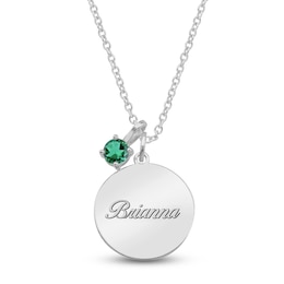 Name Disc & Lab-Created Emerald Solitaire Charm Necklace Sterling Silver 18" (1 Line)