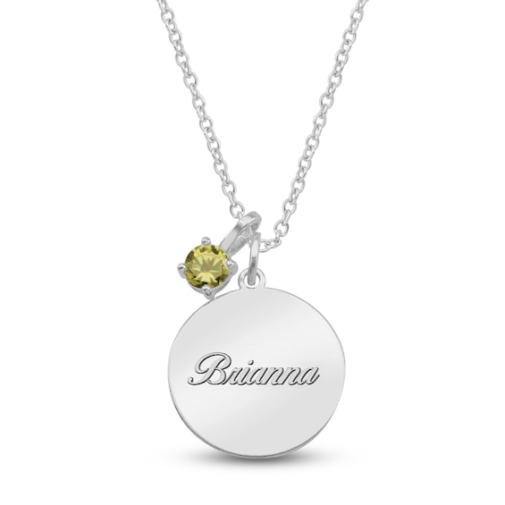 Name Disc & Natural Peridot Solitaire Charm Necklace Sterling Silver 18" (1 Line)