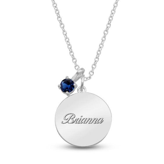 Name Disc & Blue Lab-Created Sapphire Solitaire Charm Necklace Sterling Silver 18" (1 Line)