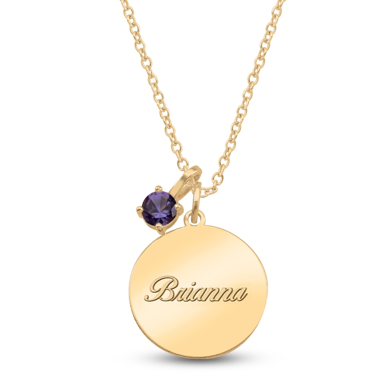 Main Image 1 of Name Disc & Natural Amethyst Solitaire Charm Necklace 10K Yellow Gold 18" (1 Line)