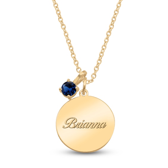 Name Disc & Blue Lab-Created Sapphire Solitaire Charm Necklace 10K Yellow Gold 18" (1 Line)