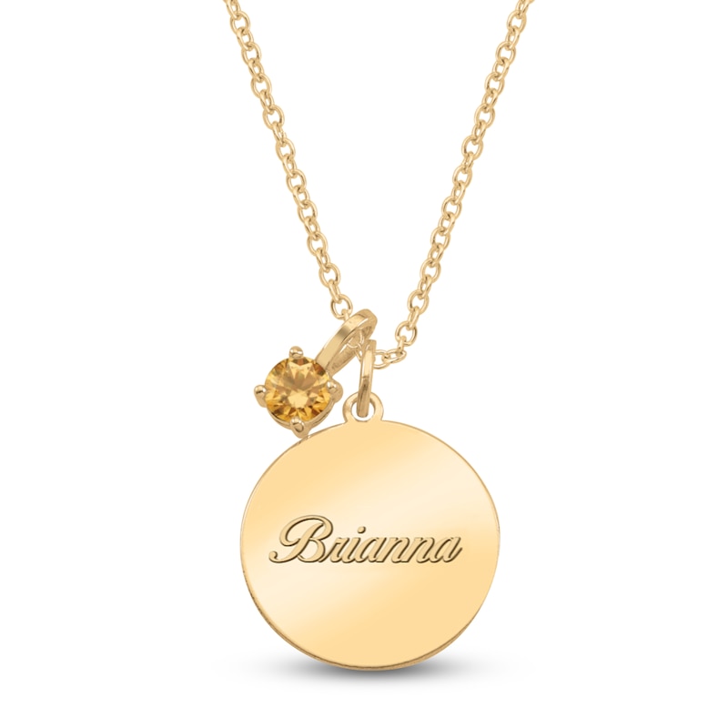 Main Image 1 of Name Disc & Natural Citrine Solitaire Charm Necklace 10K Yellow Gold 18" (1 Line)