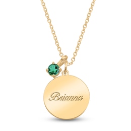Name Disc & Lab-Created Emerald Solitaire Charm Necklace 10K Yellow Gold 18" (1 Line)