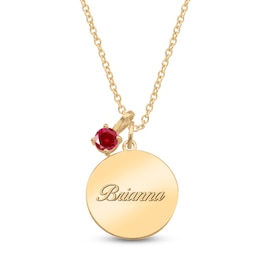 Name Disc & Lab-Created Ruby Solitaire Charm Necklace 10K Yellow Gold 18" (1 Line)