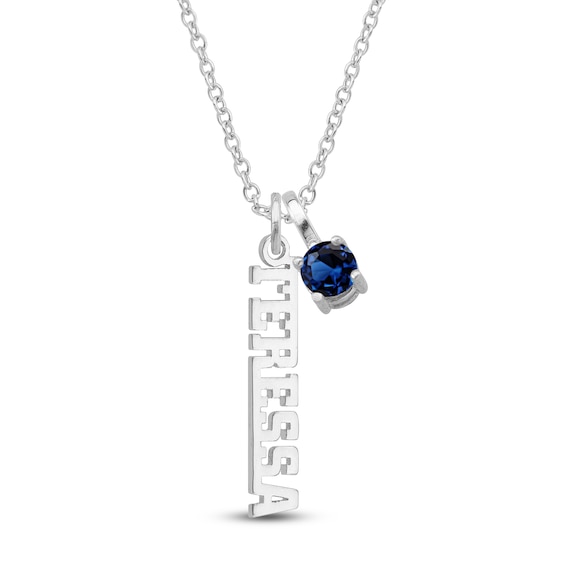 Blue Lab-Created Sapphire & Personalized Name Charm Necklace Sterling Silver 18"