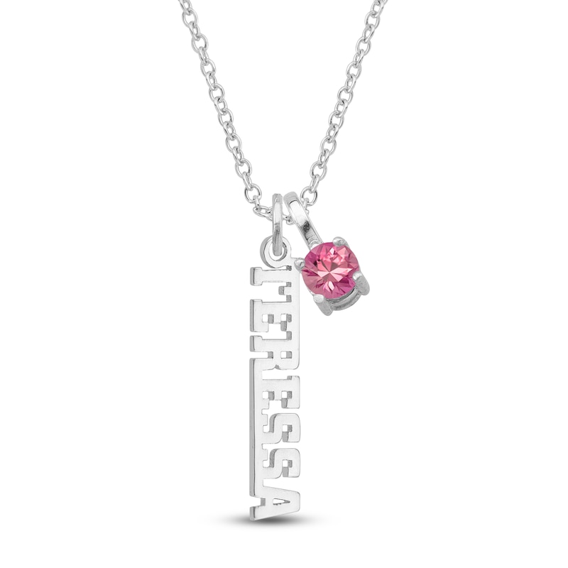 Main Image 1 of Pink Lab-Created Spinel & Personalized Name Charm Necklace Sterling Silver 18"