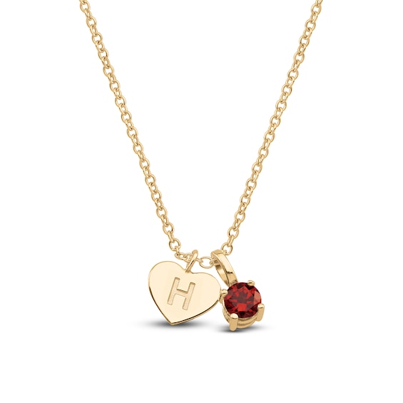 Natural Garnet & Engravable Initial Heart Charm Necklace 10K Yellow Gold 18"