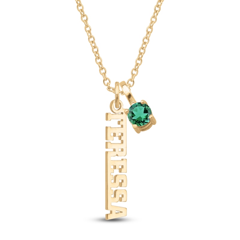 Main Image 1 of Lab-Created Emerald & Personalized Name Charm Necklace 10K Yellow Gold 18"