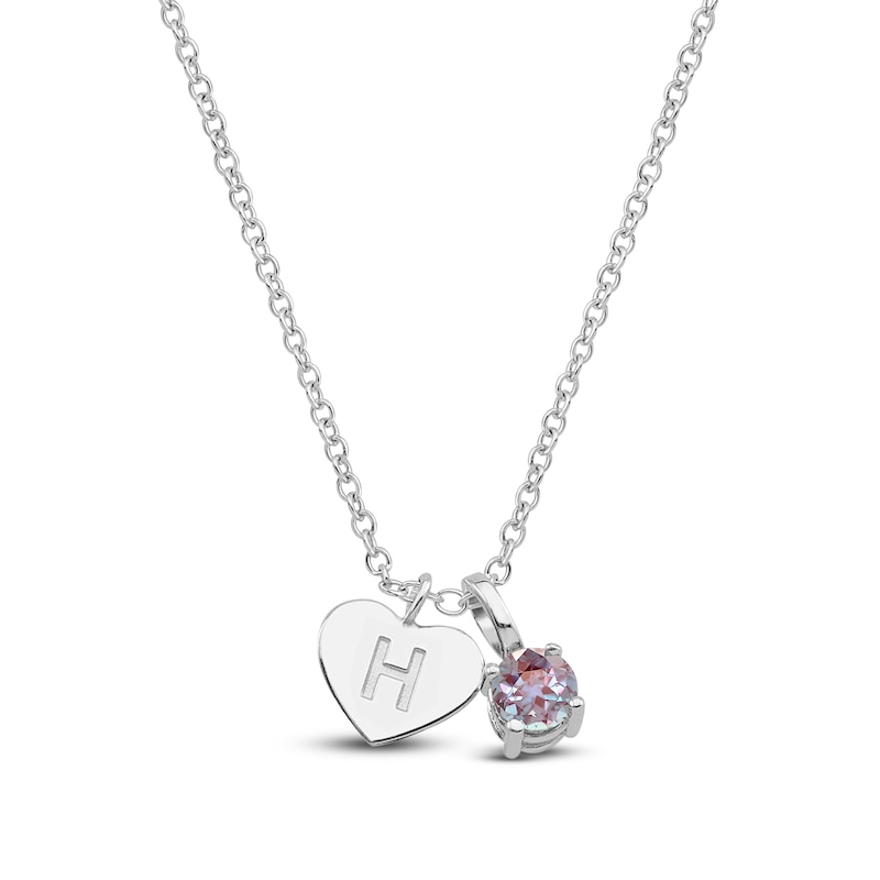 Main Image 1 of Lab-Created Alexandrite & Engravable Initial Heart Charm Necklace Sterling Silver 18"