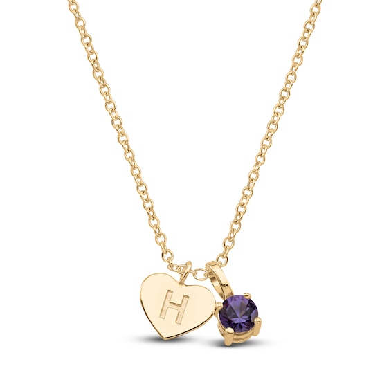 Natural Amethyst & Engravable Initial Heart Charm Necklace 10K Yellow Gold 18"