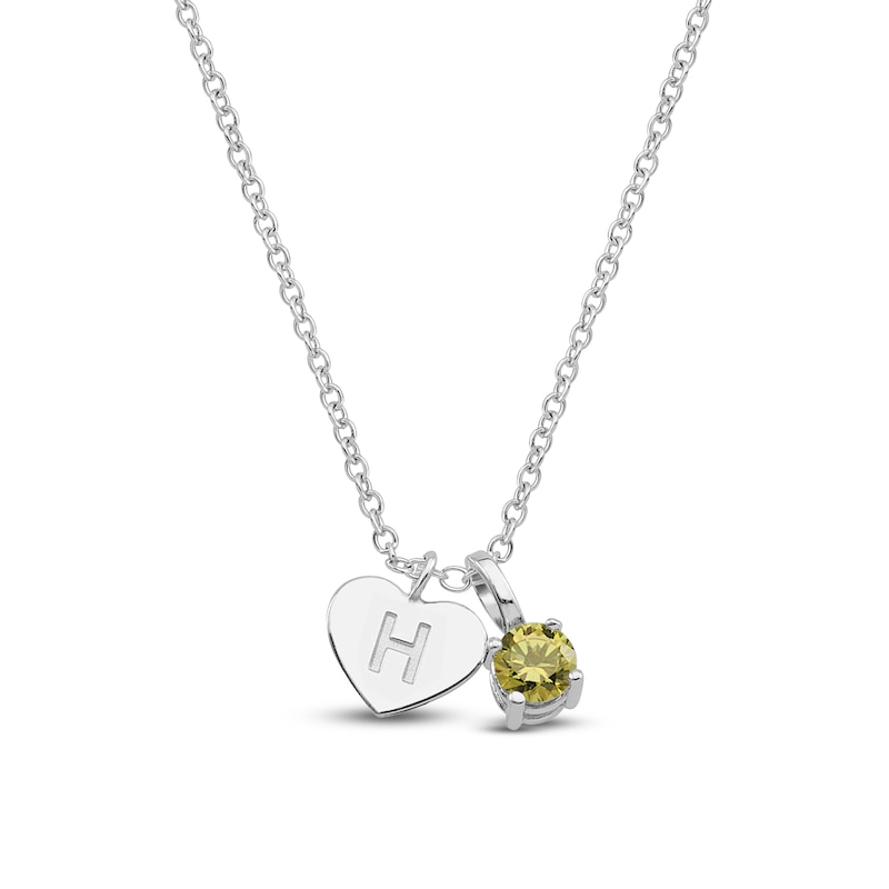 Main Image 1 of Natural Peridot & Engravable Initial Heart Charm Necklace Sterling Silver 18"