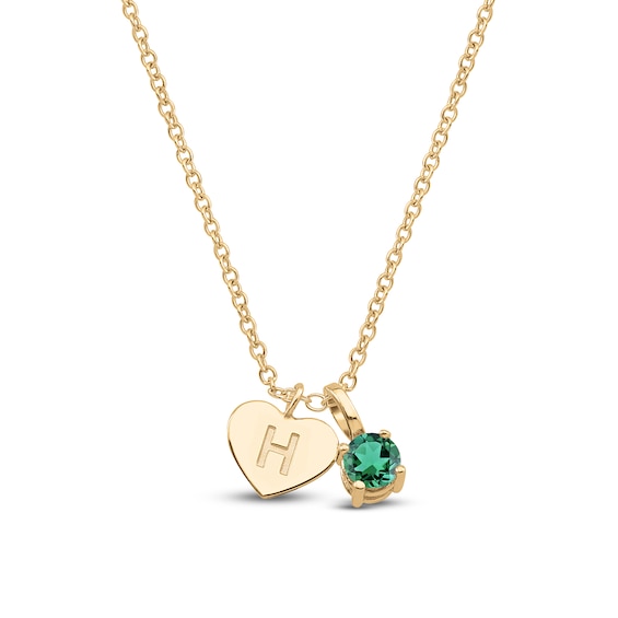Lab-Created Emerald & Engravable Initial Heart Charm Necklace 10K Yellow Gold 18"