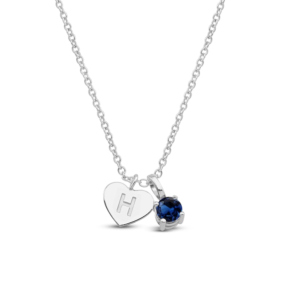 Blue Lab-Created Sapphire & Engravable Initial Heart Charm Necklace Sterling Silver 18"
