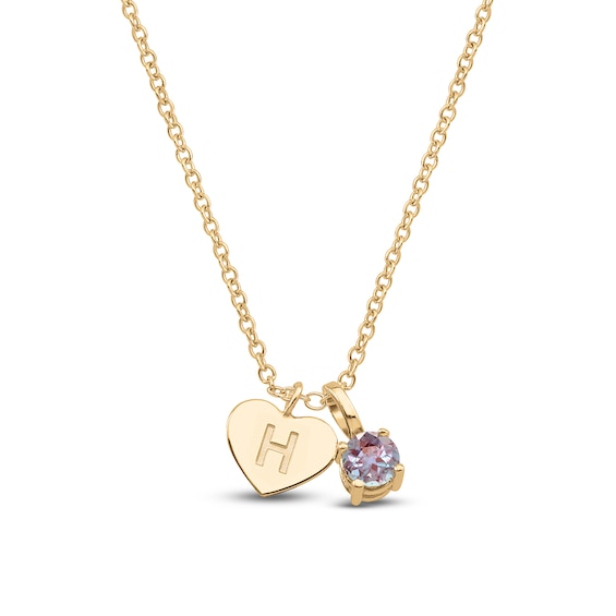 Lab-Created Alexandrite & Engravable Initial Heart Charm Necklace 10K Yellow Gold 18"