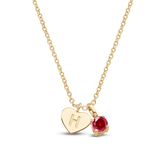 Lab-Created Ruby & Engravable Initial Heart Charm Necklace 10K Yellow Gold 18"