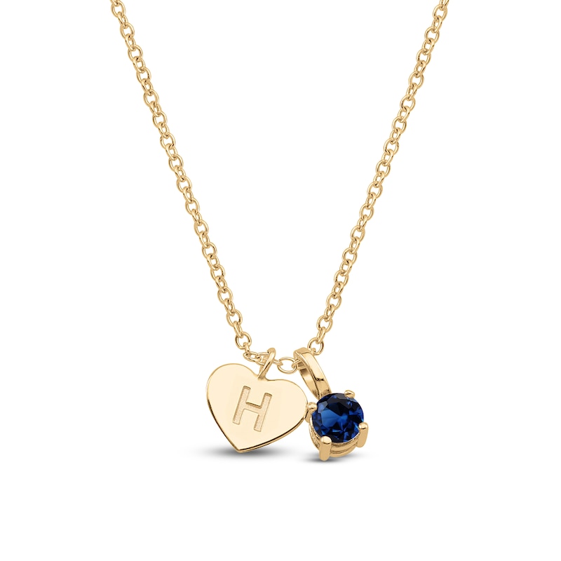 Main Image 1 of Blue Lab-Created Sapphire & Engravable Initial Heart Charm Necklace 10K Yellow Gold 18"