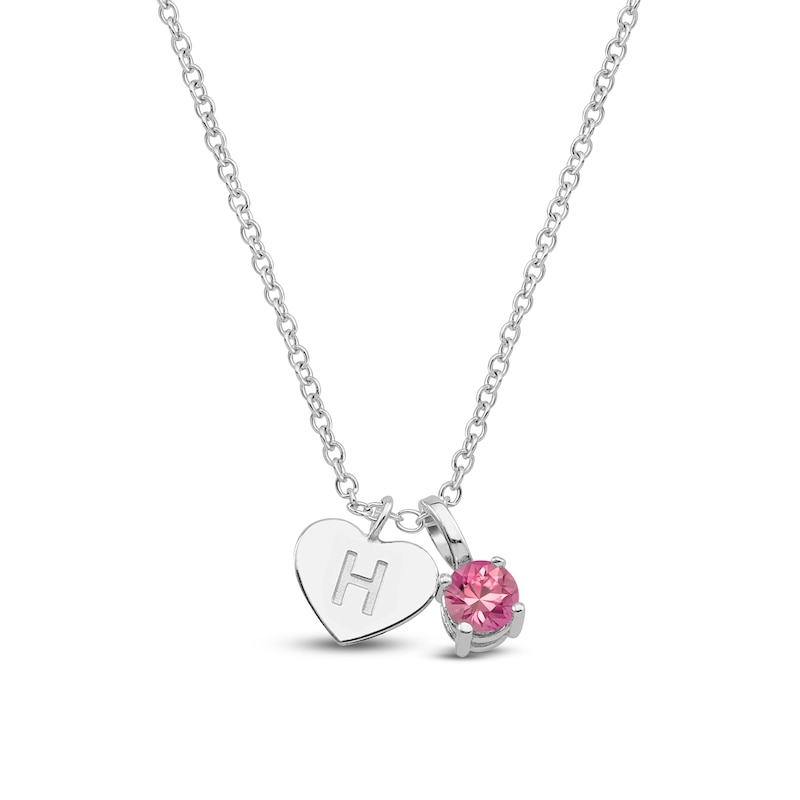 Main Image 1 of Pink Lab-Created Spinel & Engravable Initial Heart Charm Necklace Sterling Silver 18"