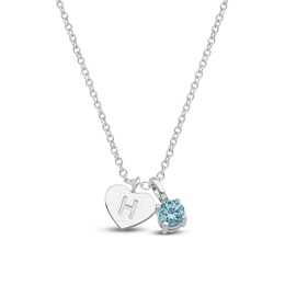 Natural Blue Zircon & Engravable Initial Heart Charm Necklace Sterling Silver 18"