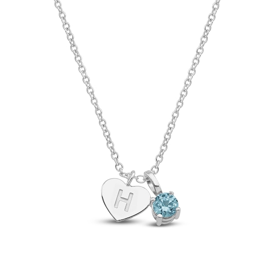 Natural Blue Zircon & Engravable Initial Heart Charm Necklace Sterling Silver 18"