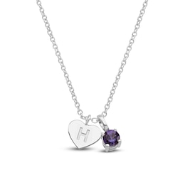 Natural Amethyst & Engravable Initial Heart Charm Necklace Sterling Silver 18"