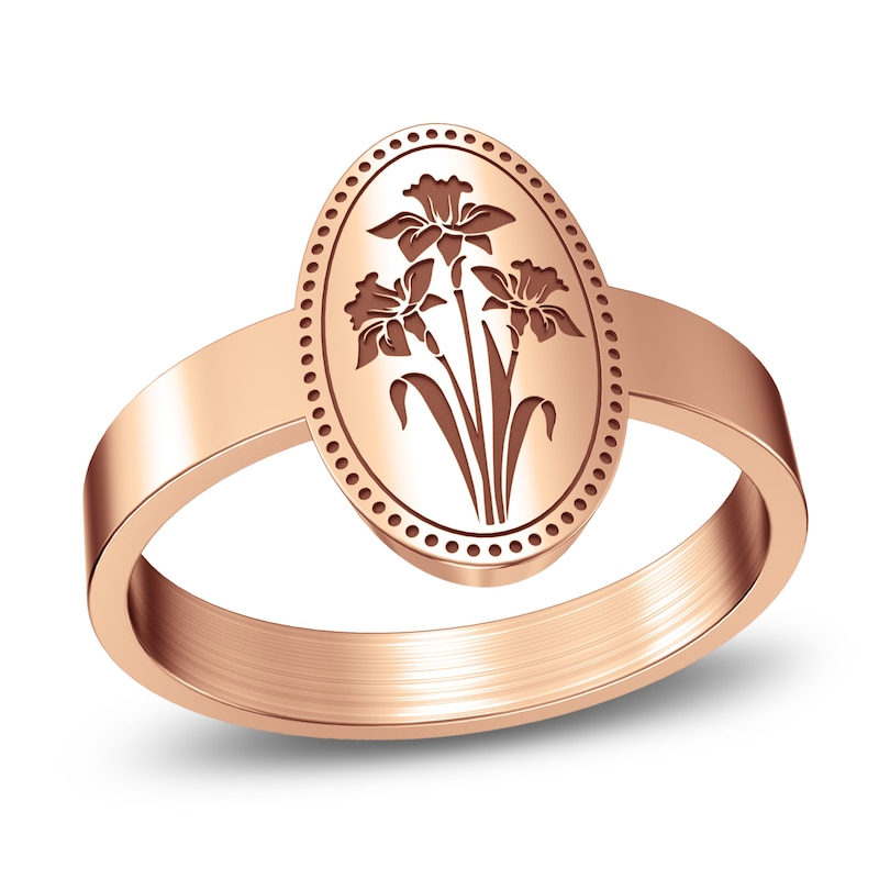 Main Image 1 of Personalized Birth Flower Signet Ring 14K Rose Gold-Plated Sterling Silver