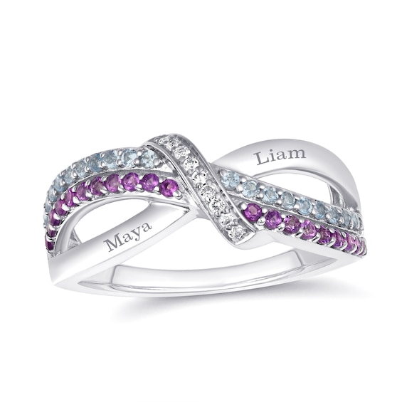 Swirl Round Birthstone Couple's Ring (2 Stones and Lines)