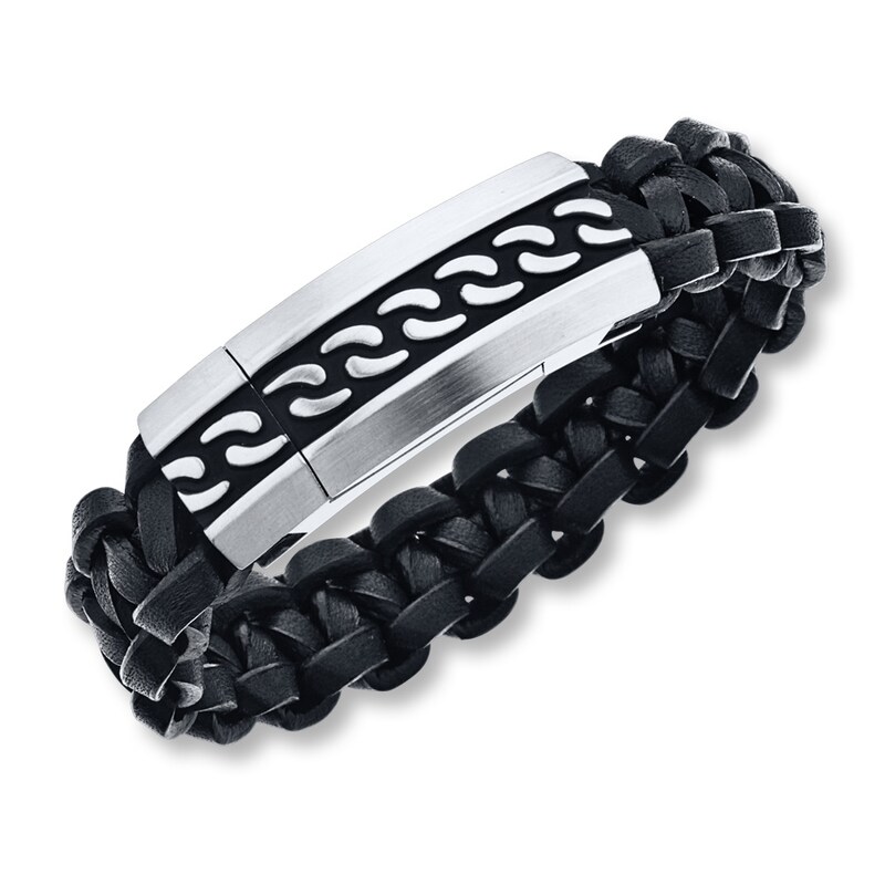 Main Image 1 of Men's Bracelet Black Leather Stainless Steel 8.5" Length