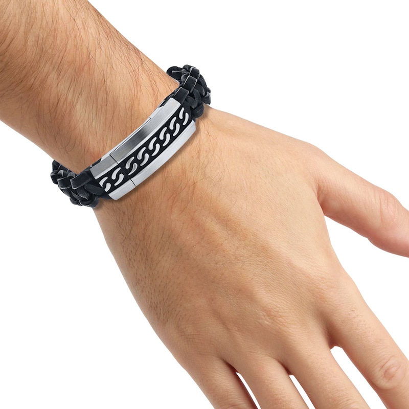 Men's Bracelet Black Leather Stainless Steel 8.5" Length