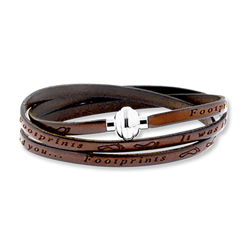 Footprints Prayer Brown Leather Bracelet Stainless Steel