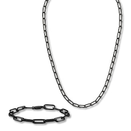 Solid Paperclip Chain Necklace 18"/Bracelet Set Black Ion-Plated Stainless Steel 7.5" 7mm