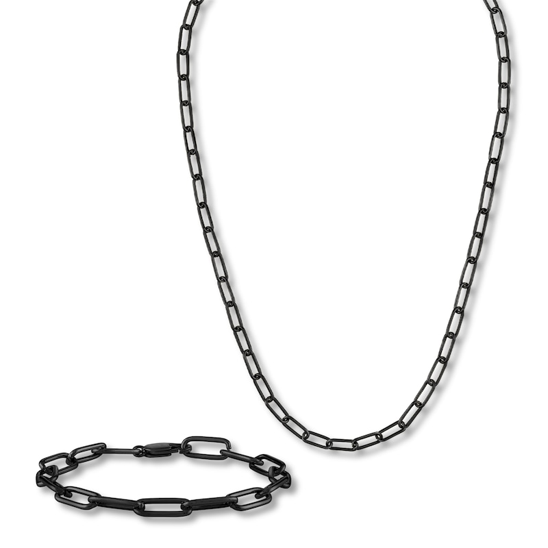 Main Image 1 of Solid Paperclip Chain Necklace 18"/Bracelet Set Black Ion-Plated Stainless Steel 7.5" 7mm