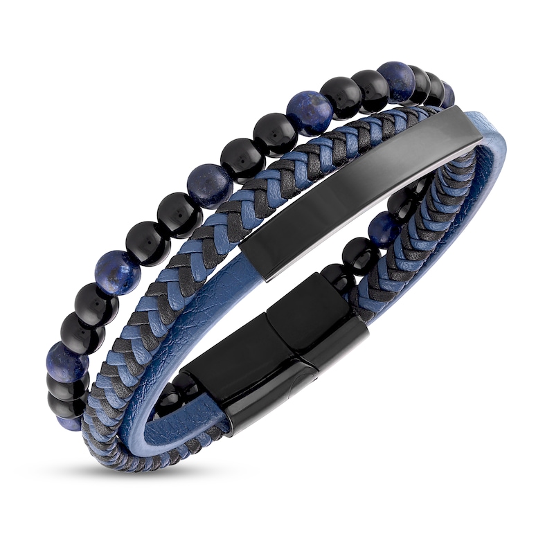 Main Image 2 of Natural Sodalite Bracelet Blue & Black Leather Stainless Steel 8.5"