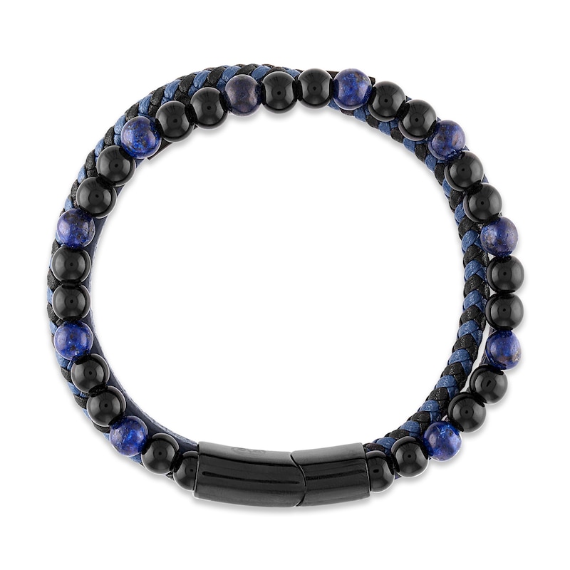 Main Image 3 of Natural Sodalite Bracelet Blue & Black Leather Stainless Steel 8.5"