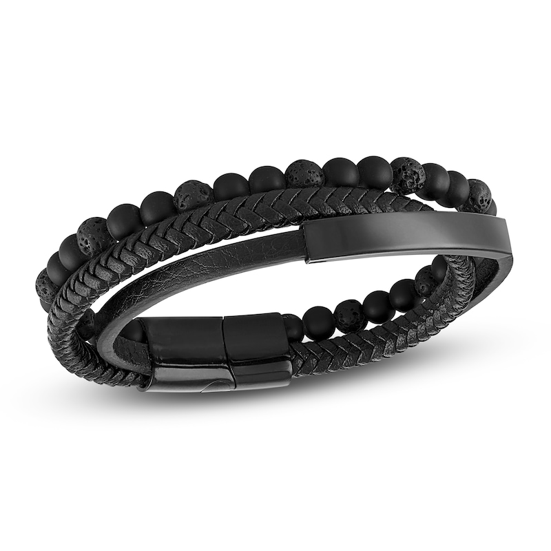 Main Image 1 of Men's Natural Onyx Bracelet Black Leather Stainless Steel 8.5"