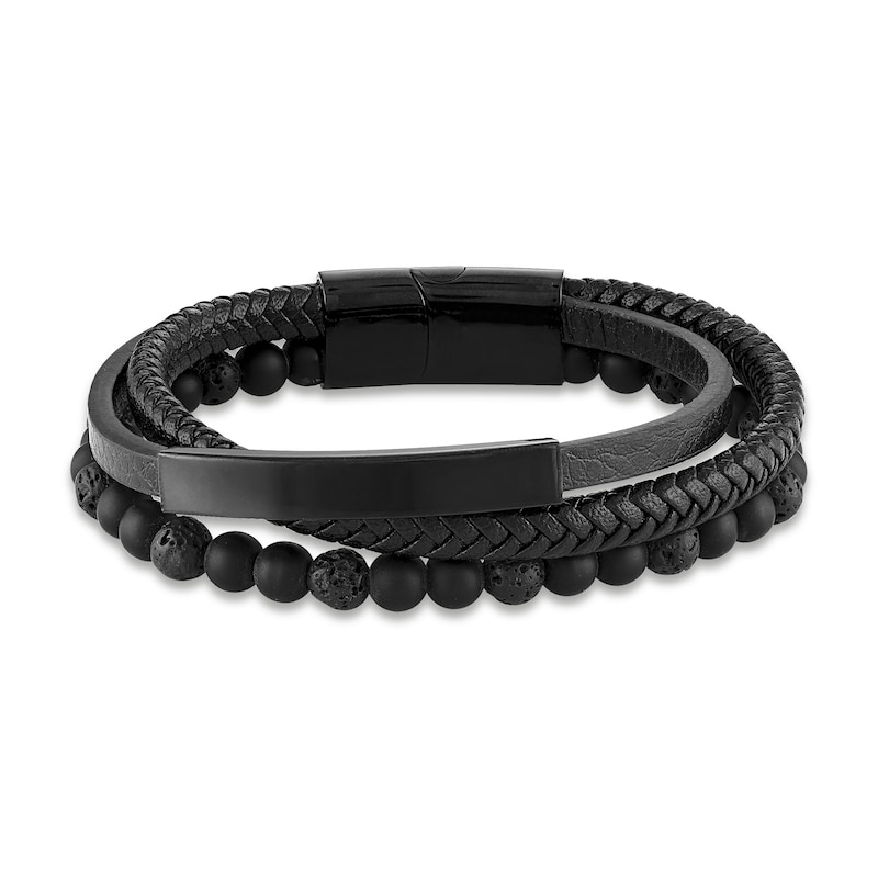 Main Image 2 of Men's Natural Onyx Bracelet Black Leather Stainless Steel 8.5"